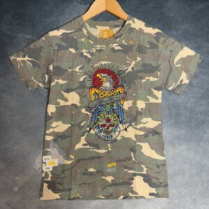 Joy Teams Designs Y2K Womens Camo Top With Graphics and Rhinestone Fits Size S